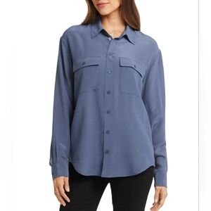 NYDJ Lauren Blouse 100% Silk Button-Front in Dusty Blue NWT Size L